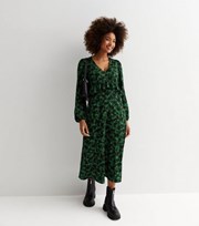 New Look Green Floral V Neck Long Sleeve Ruffle Midi Dress